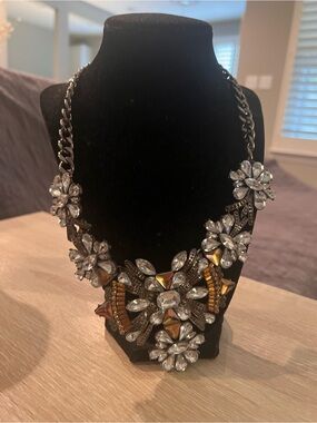 Statement Crystal Floral Necklace in Clear and Amber - Women Jewelry